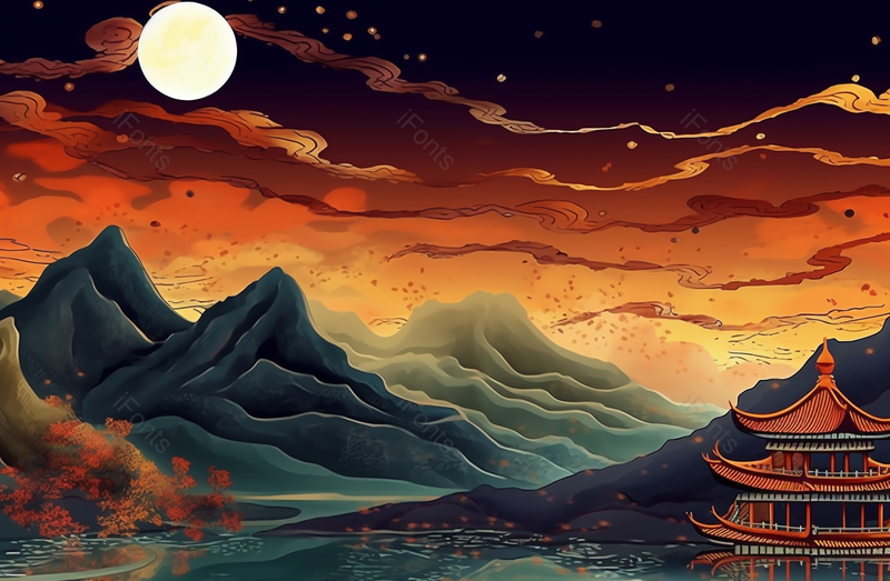 国潮古典山水月色天空风景插画,插画/手绘图,插画/手绘图库,插画/手绘图下载,插画/手绘